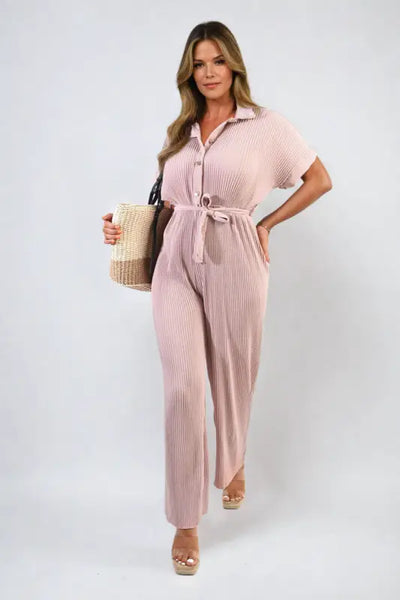 Tie Waist Short Sleeve Pleated Jumpsuit - Elite Urban