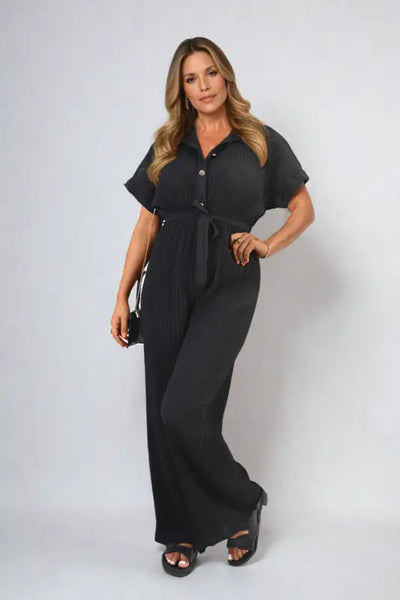 Tie Waist Short Sleeve Pleated Jumpsuit - Elite Urban