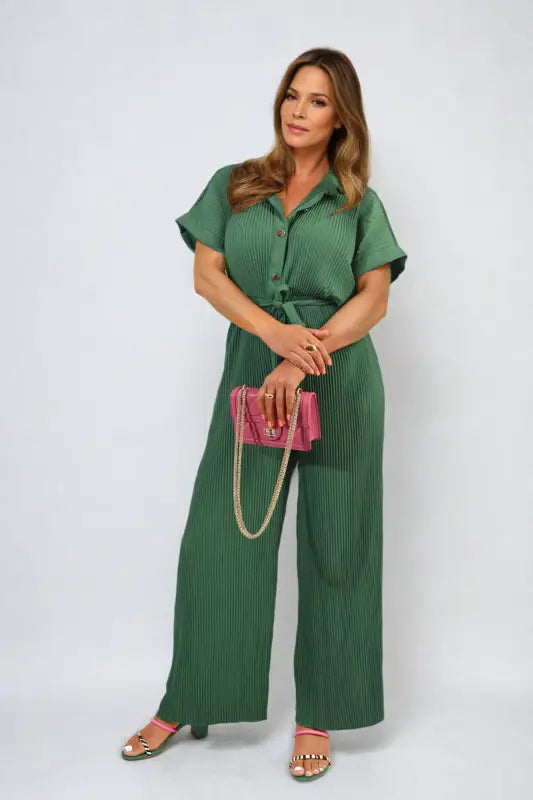 Tie Waist Short Sleeve Pleated Jumpsuit - Elite Urban