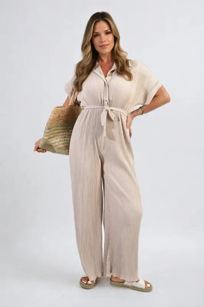 Tie Waist Short Sleeve Pleated Jumpsuit - Elite Urban