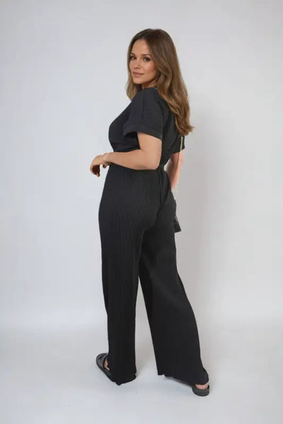 Tie Waist Short Sleeve Pleated Jumpsuit - Elite Urban