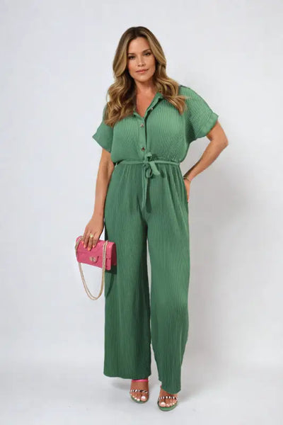 Tie Waist Short Sleeve Pleated Jumpsuit - Elite Urban