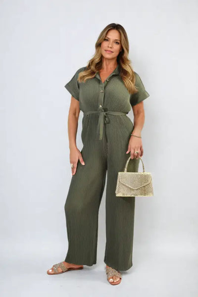 Tie Waist Short Sleeve Pleated Jumpsuit - Elite Urban