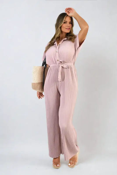 Tie Waist Short Sleeve Pleated Jumpsuit - Elite Urban