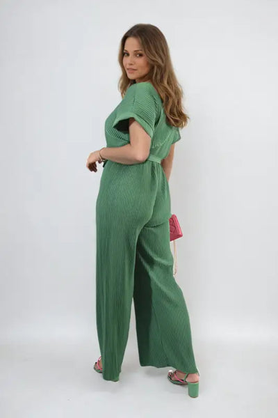 Tie Waist Short Sleeve Pleated Jumpsuit - Elite Urban