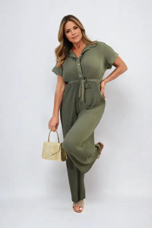 Tie Waist Short Sleeve Pleated Jumpsuit - Elite Urban