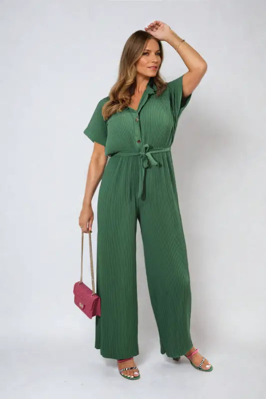 Tie Waist Short Sleeve Pleated Jumpsuit - Elite Urban