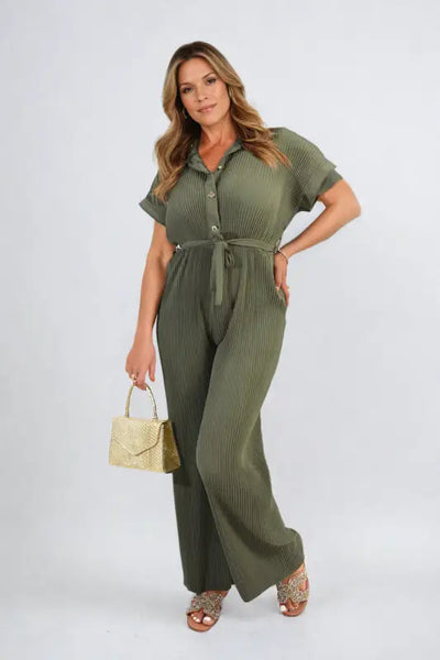 Tie Waist Short Sleeve Pleated Jumpsuit - Elite Urban