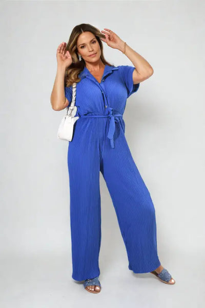 Tie Waist Short Sleeve Pleated Jumpsuit - Elite Urban