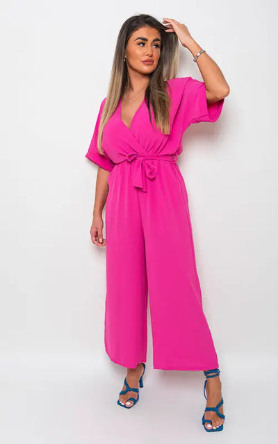 V Neck Tie Waist Short Sleeve Jumpsuit - Elite Urban