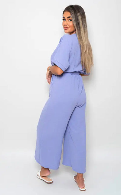 V Neck Tie Waist Short Sleeve Jumpsuit - Elite Urban