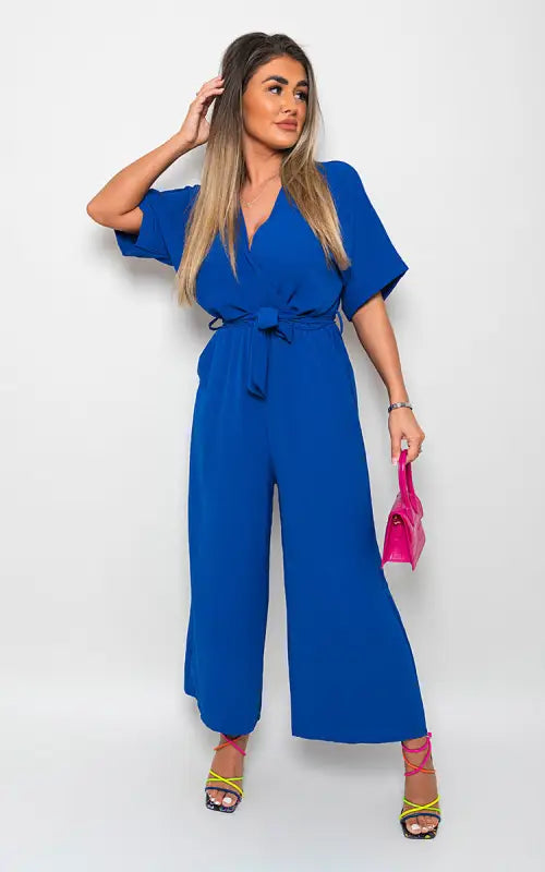 V Neck Tie Waist Short Sleeve Jumpsuit - Elite Urban