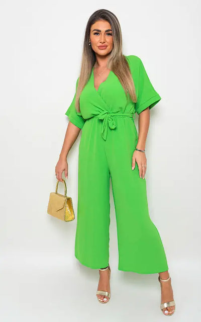 V Neck Tie Waist Short Sleeve Jumpsuit - Elite Urban