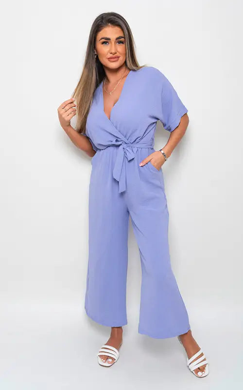 V Neck Tie Waist Short Sleeve Jumpsuit - Elite Urban