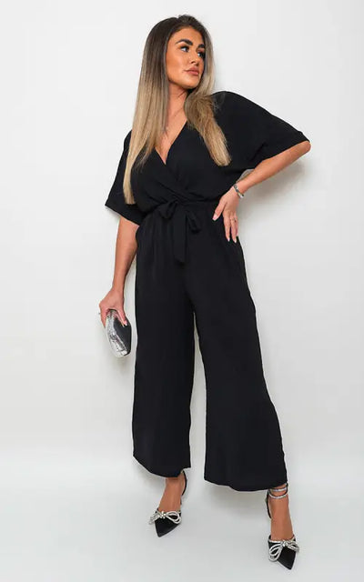 V Neck Tie Waist Short Sleeve Jumpsuit - Elite Urban