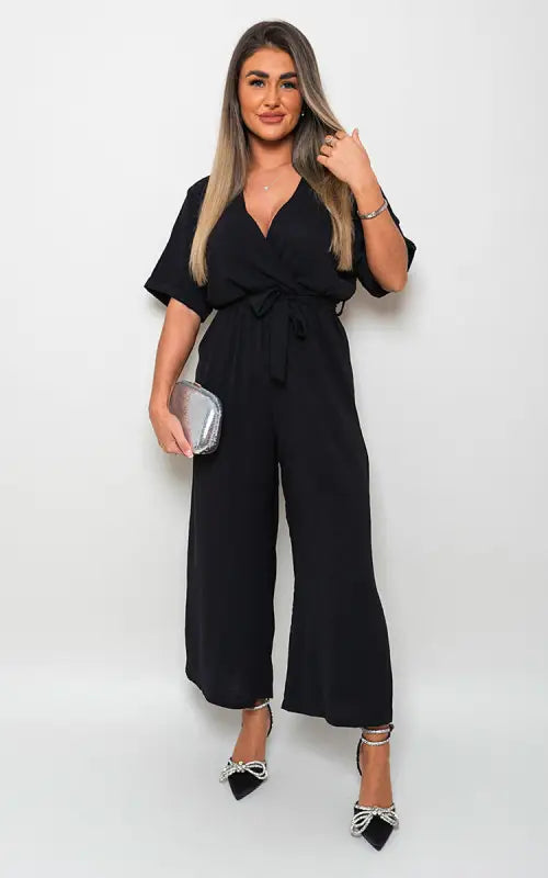 V Neck Tie Waist Short Sleeve Jumpsuit - Elite Urban