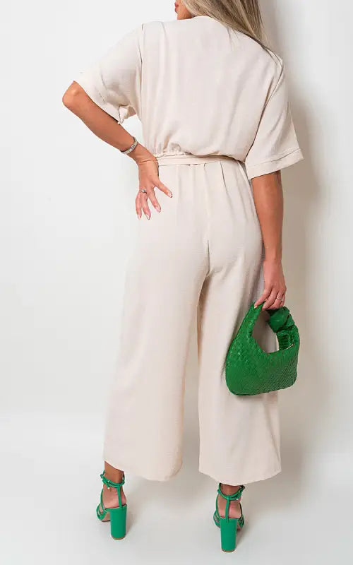 V Neck Tie Waist Short Sleeve Jumpsuit - Elite Urban