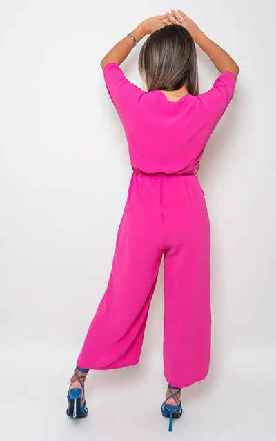 V Neck Tie Waist Short Sleeve Jumpsuit - Elite Urban