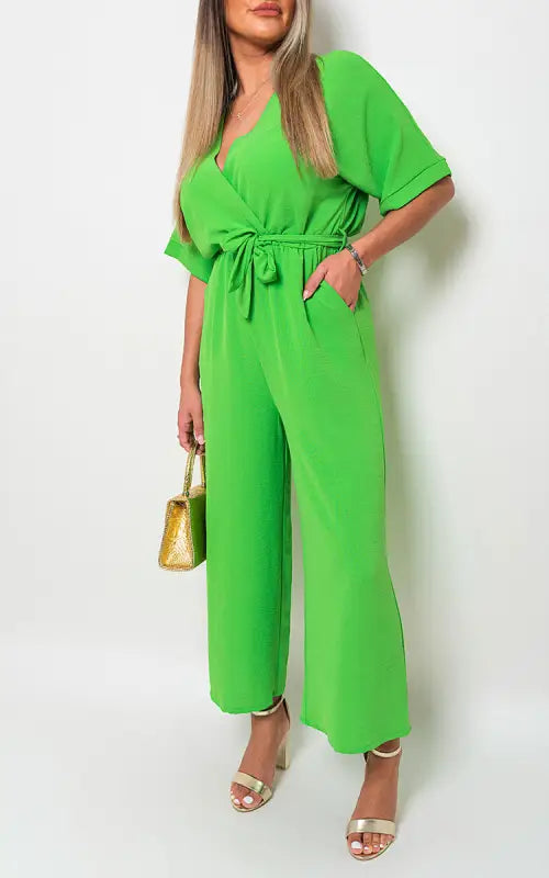 V Neck Tie Waist Short Sleeve Jumpsuit - Elite Urban