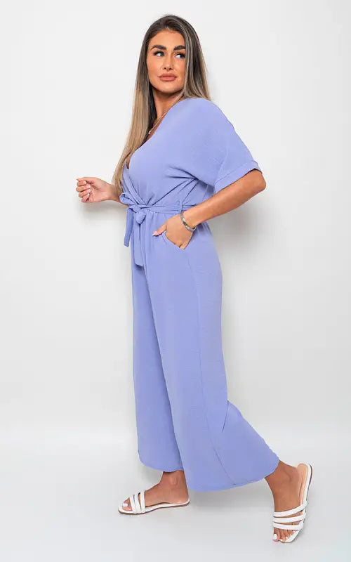 V Neck Tie Waist Short Sleeve Jumpsuit - Elite Urban