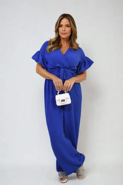 Wrap Over Tie Belt Frill Sleeve Jumpsuit - Elite Urban